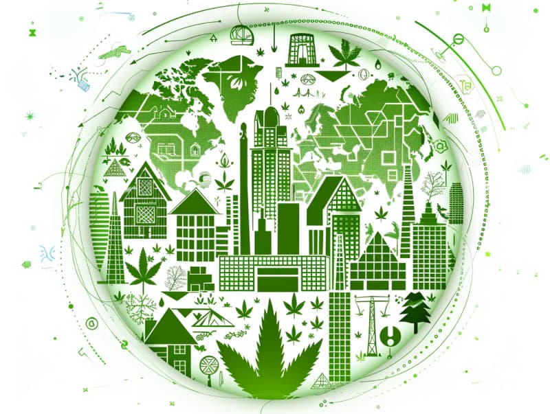 Eine minimalistische, pictografische Darstellung einer Stadt mit Häusern, Menschen und Cannabispflanzen. Es steht für eine Stadt, die dem Cannabisanbau und den Cannabis Social Clubs offen gegenübersteht.