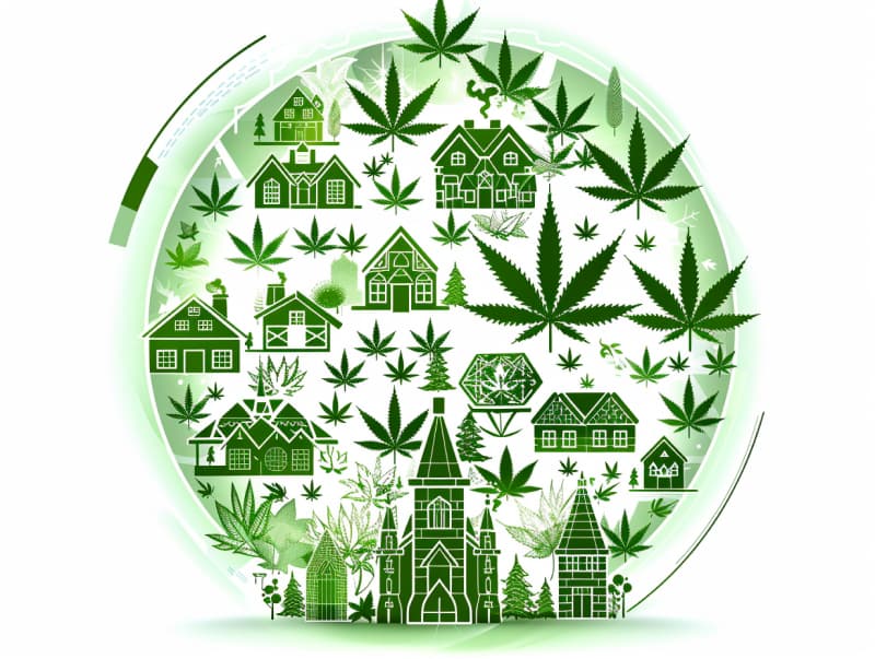 Eine minimalistische, pictografische Darstellung einer Stadt mit Häusern, Menschen und Cannabispflanzen. Es steht für eine Stadt, die dem Cannabisanbau und den Cannabis Social Clubs offen gegenübersteht.