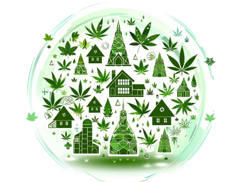 Eine minimalistische, pictografische Darstellung einer Stadt mit Häusern, Menschen und Cannabispflanzen. Es steht für eine Stadt, die dem Cannabisanbau und den Cannabis Social Clubs offen gegenübersteht.