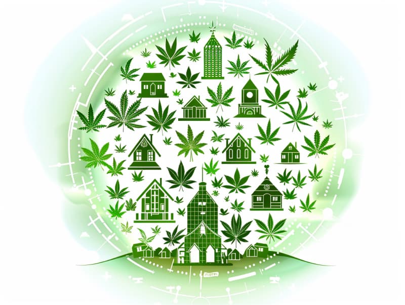 Eine minimalistische, pictografische Darstellung einer Stadt mit Häusern, Menschen und Cannabispflanzen. Es steht für eine Stadt, die dem Cannabisanbau und den Cannabis Social Clubs offen gegenübersteht.