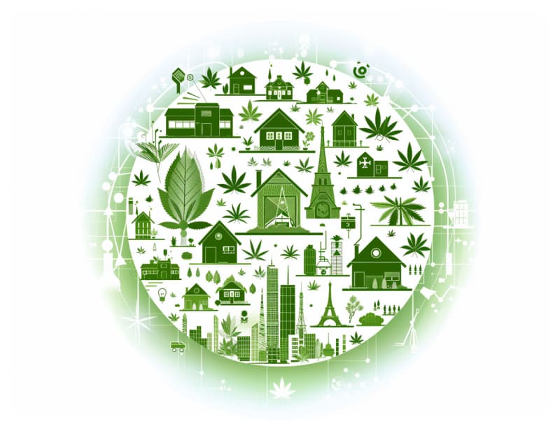 Eine minimalistische, pictografische Darstellung einer Stadt mit Häusern, Menschen und Cannabispflanzen. Es steht für eine Stadt, die dem Cannabisanbau und den Cannabis Social Clubs offen gegenübersteht.