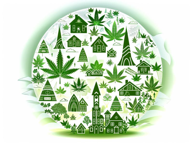 Eine minimalistische, pictografische Darstellung einer Stadt mit Häusern, Menschen und Cannabispflanzen. Es steht für eine Stadt, die dem Cannabisanbau und den Cannabis Social Clubs offen gegenübersteht.