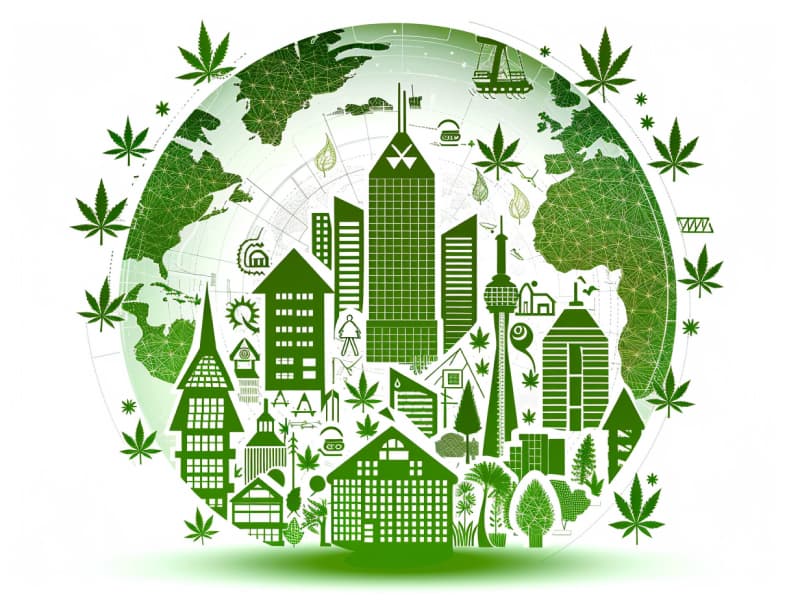 Eine minimalistische, pictografische Darstellung einer Stadt mit Häusern, Menschen und Cannabispflanzen. Es steht für eine Stadt, die dem Cannabisanbau und den Cannabis Social Clubs offen gegenübersteht.