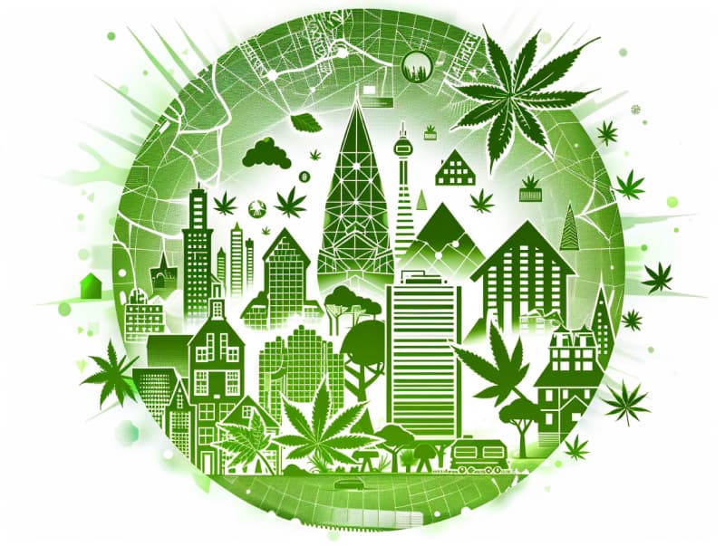 Eine minimalistische, pictografische Darstellung einer Stadt mit Häusern, Menschen und Cannabispflanzen. Es steht für eine Stadt, die dem Cannabisanbau und den Cannabis Social Clubs offen gegenübersteht.