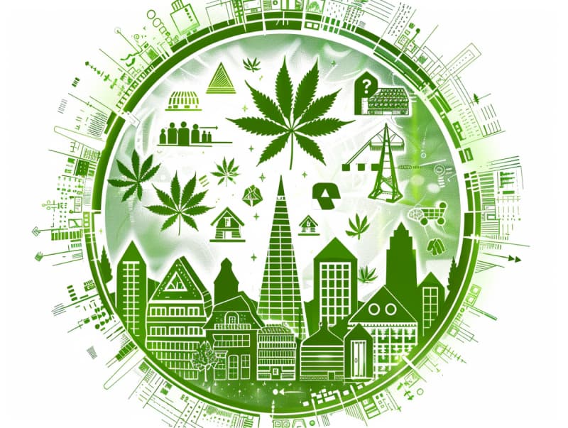 Eine minimalistische, pictografische Darstellung einer Stadt mit Häusern, Menschen und Cannabispflanzen. Es steht für eine Stadt, die dem Cannabisanbau und den Cannabis Social Clubs offen gegenübersteht.