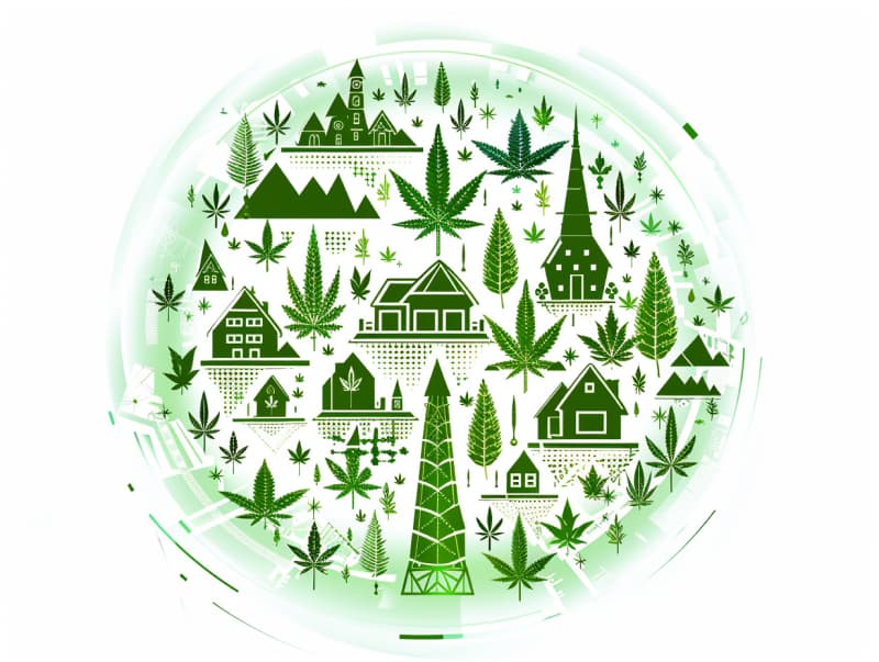 Eine minimalistische, pictografische Darstellung einer Stadt mit Häusern, Menschen und Cannabispflanzen. Es steht für eine Stadt, die dem Cannabisanbau und den Cannabis Social Clubs offen gegenübersteht.
