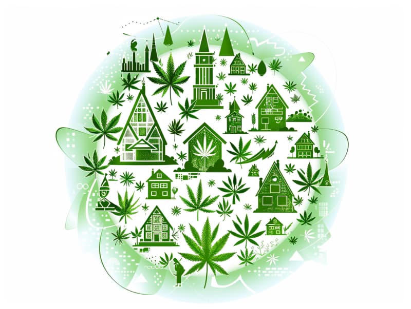 Eine minimalistische, pictografische Darstellung einer Stadt mit Häusern, Menschen und Cannabispflanzen. Es steht für eine Stadt, die dem Cannabisanbau und den Cannabis Social Clubs offen gegenübersteht.