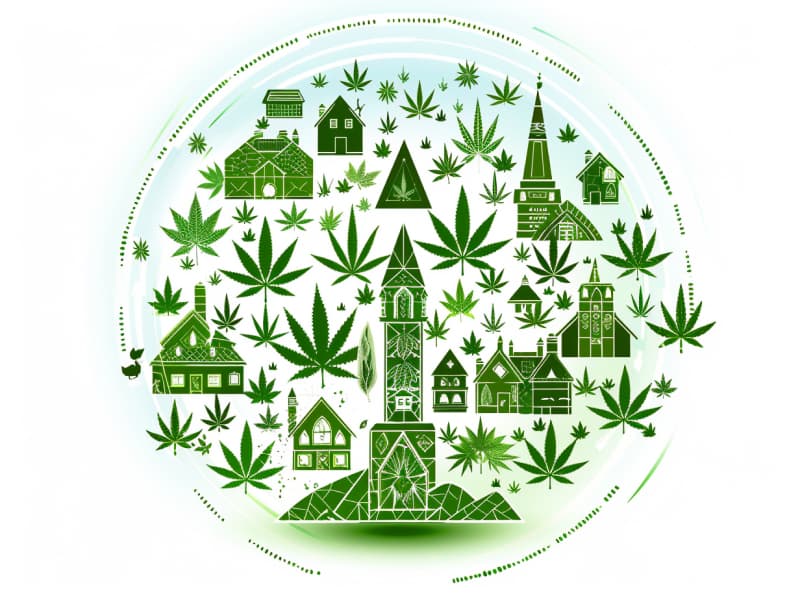 Eine minimalistische, pictografische Darstellung einer Stadt mit Häusern, Menschen und Cannabispflanzen. Es steht für eine Stadt, die dem Cannabisanbau und den Cannabis Social Clubs offen gegenübersteht.