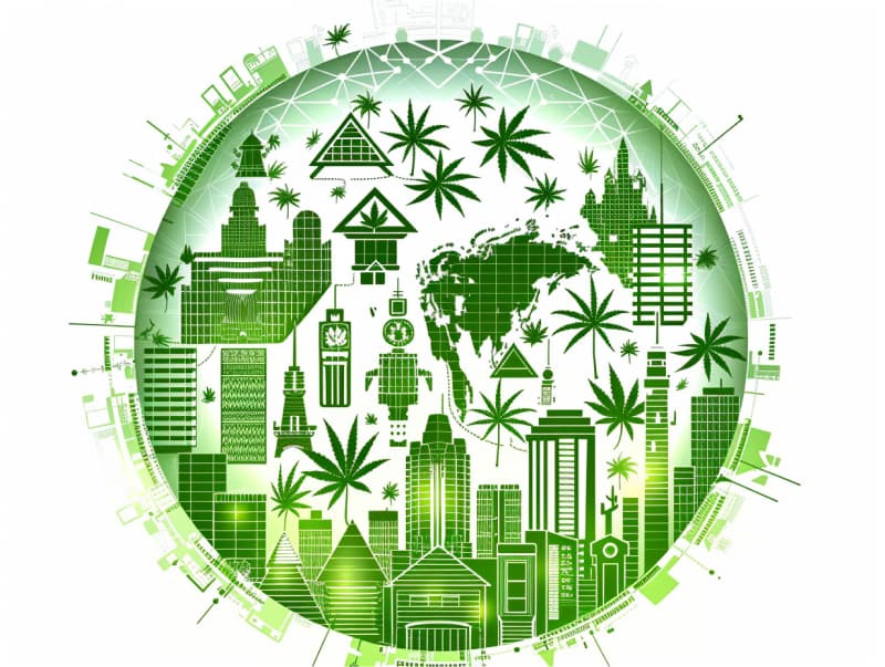 Eine minimalistische, pictografische Darstellung einer Stadt mit Häusern, Menschen und Cannabispflanzen. Es steht für eine Stadt, die dem Cannabisanbau und den Cannabis Social Clubs offen gegenübersteht.