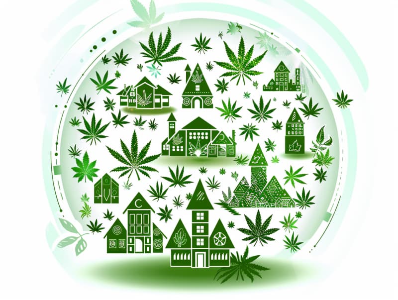 Eine minimalistische, pictografische Darstellung einer Stadt mit Häusern, Menschen und Cannabispflanzen. Es steht für eine Stadt, die dem Cannabisanbau und den Cannabis Social Clubs offen gegenübersteht.