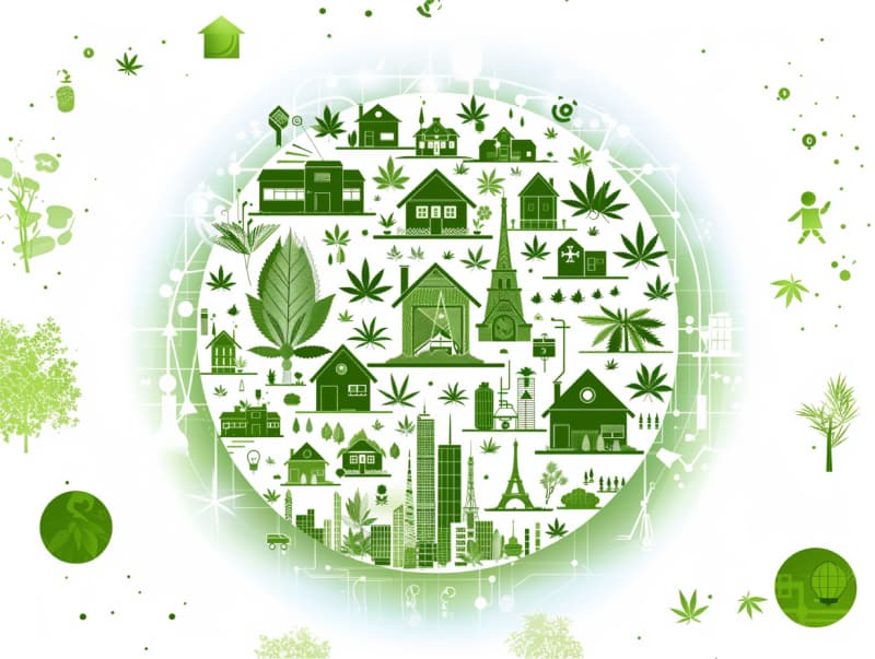 Eine minimalistische, pictografische Darstellung einer Stadt mit Häusern, Menschen und Cannabispflanzen. Es steht für eine Stadt, die dem Cannabisanbau und den Cannabis Social Clubs offen gegenübersteht.