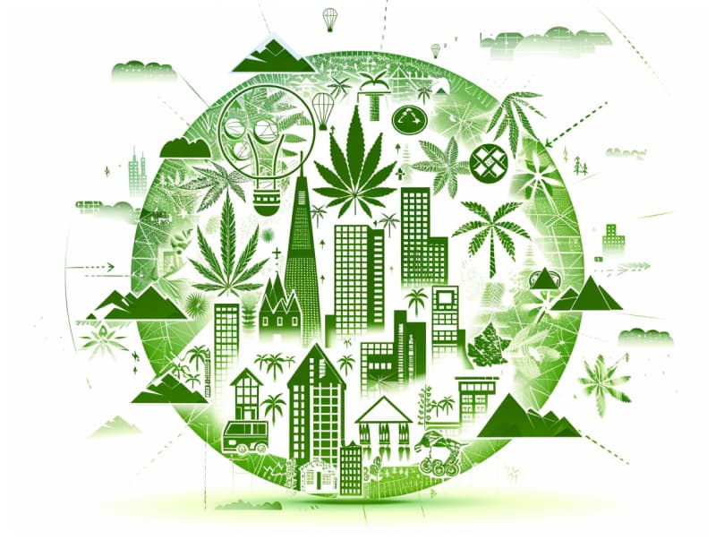 Eine minimalistische, pictografische Darstellung einer Stadt mit Häusern, Menschen und Cannabispflanzen. Es steht für eine Stadt, die dem Cannabisanbau und den Cannabis Social Clubs offen gegenübersteht.