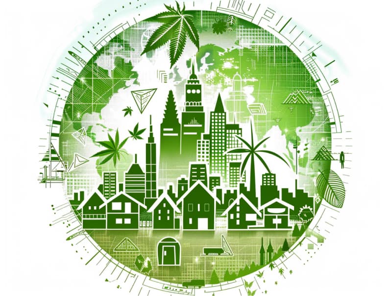Eine minimalistische, pictografische Darstellung einer Stadt mit Häusern, Menschen und Cannabispflanzen. Es steht für eine Stadt, die dem Cannabisanbau und den Cannabis Social Clubs offen gegenübersteht.
