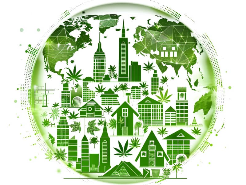 Eine minimalistische, pictografische Darstellung einer Stadt mit Häusern, Menschen und Cannabispflanzen. Es steht für eine Stadt, die dem Cannabisanbau und den Cannabis Social Clubs offen gegenübersteht.
