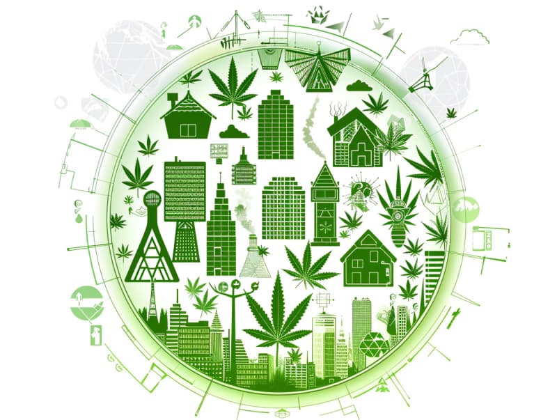 Eine minimalistische, pictografische Darstellung einer Stadt mit Häusern, Menschen und Cannabispflanzen. Es steht für eine Stadt, die dem Cannabisanbau und den Cannabis Social Clubs offen gegenübersteht.