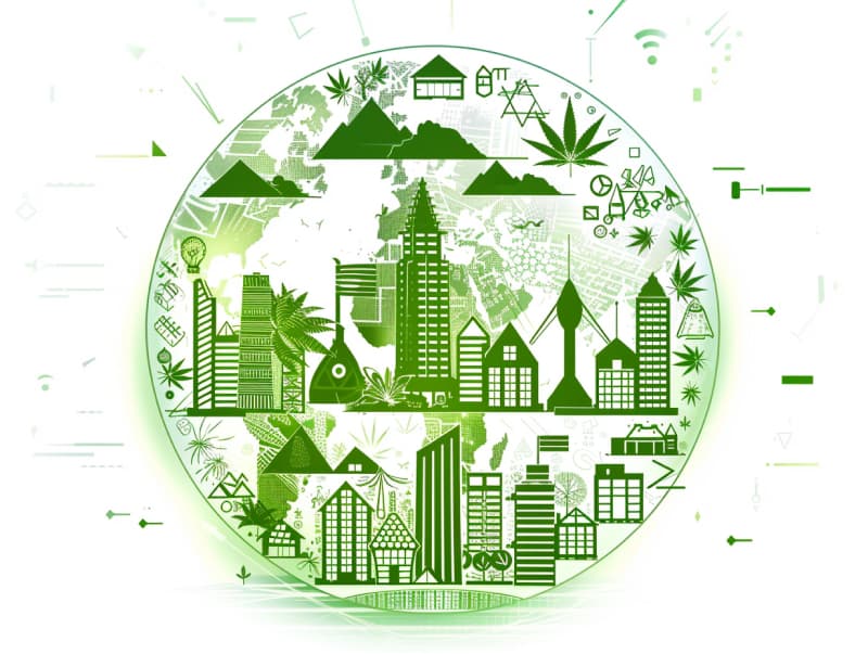 Eine minimalistische, pictografische Darstellung einer Stadt mit Häusern, Menschen und Cannabispflanzen. Es steht für eine Stadt, die dem Cannabisanbau und den Cannabis Social Clubs offen gegenübersteht.