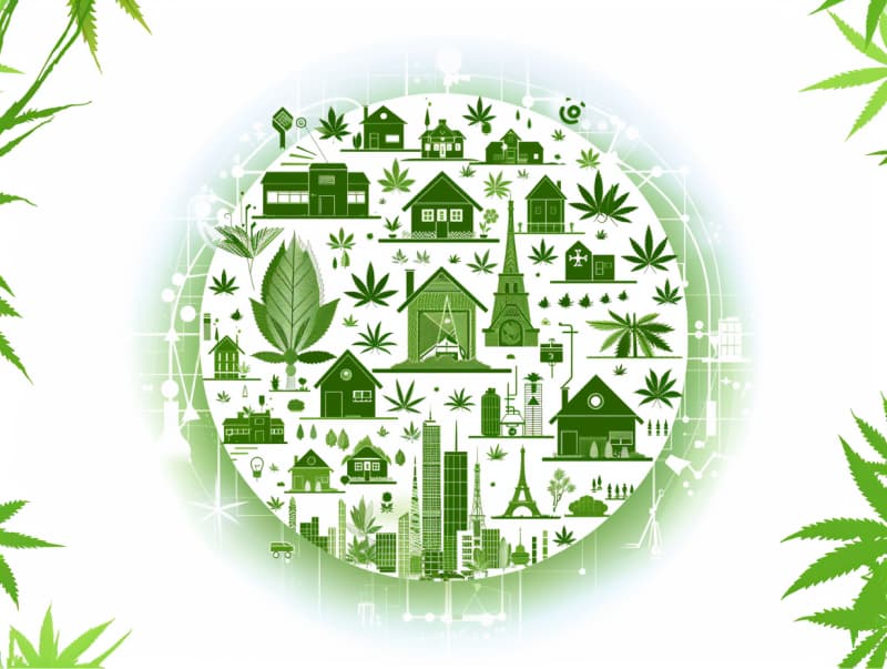 Eine minimalistische, pictografische Darstellung einer Stadt mit Häusern, Menschen und Cannabispflanzen. Es steht für eine Stadt, die dem Cannabisanbau und den Cannabis Social Clubs offen gegenübersteht.