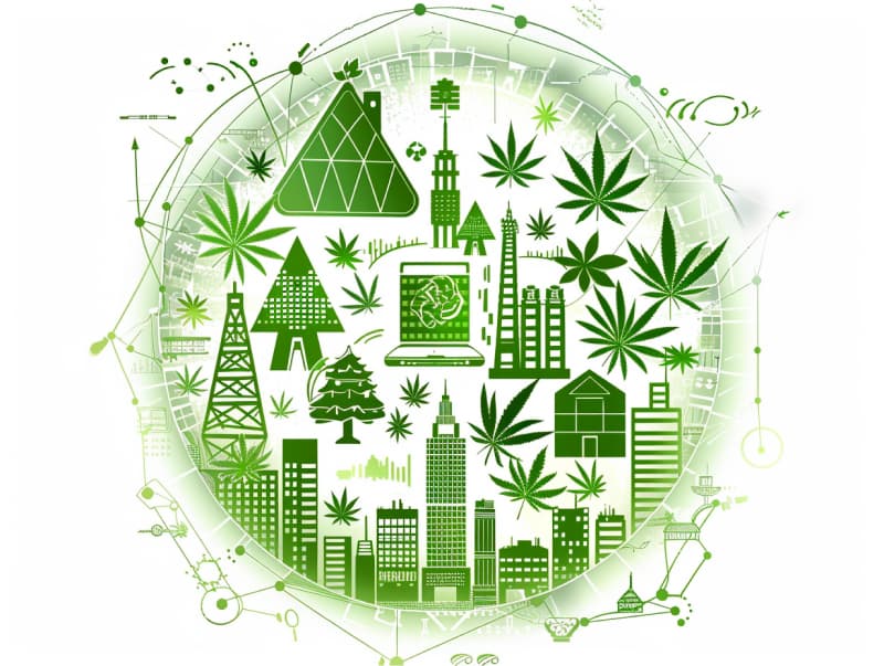 Eine minimalistische, pictografische Darstellung einer Stadt mit Häusern, Menschen und Cannabispflanzen. Es steht für eine Stadt, die dem Cannabisanbau und den Cannabis Social Clubs offen gegenübersteht.