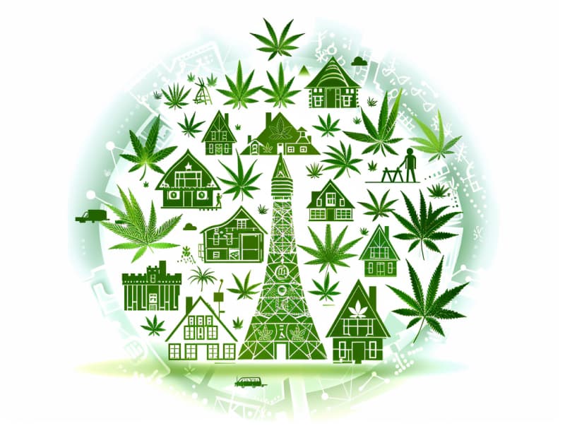 Eine minimalistische, pictografische Darstellung einer Stadt mit Häusern, Menschen und Cannabispflanzen. Es steht für eine Stadt, die dem Cannabisanbau und den Cannabis Social Clubs offen gegenübersteht.
