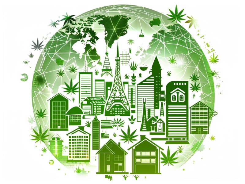 Eine minimalistische, pictografische Darstellung einer Stadt mit Häusern, Menschen und Cannabispflanzen. Es steht für eine Stadt, die dem Cannabisanbau und den Cannabis Social Clubs offen gegenübersteht.