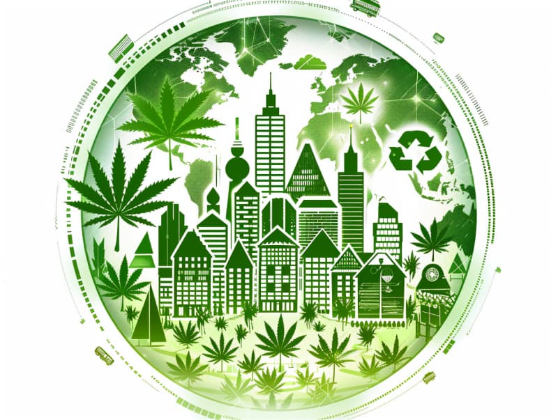 Eine minimalistische, pictografische Darstellung einer Stadt mit Häusern, Menschen und Cannabispflanzen. Es steht für eine Stadt, die dem Cannabisanbau und den Cannabis Social Clubs offen gegenübersteht.