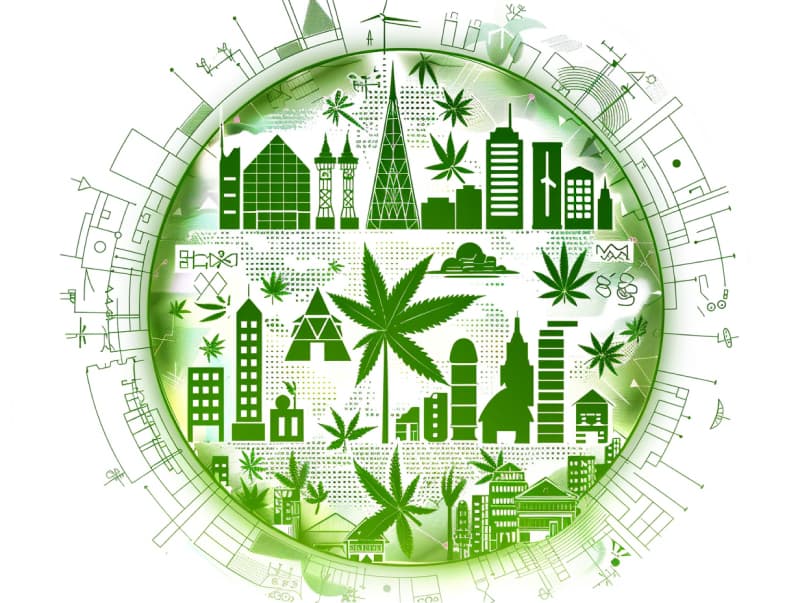 Eine minimalistische, pictografische Darstellung einer Stadt mit Häusern, Menschen und Cannabispflanzen. Es steht für eine Stadt, die dem Cannabisanbau und den Cannabis Social Clubs offen gegenübersteht.