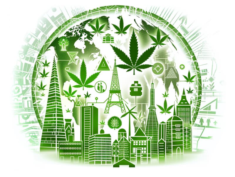 Eine minimalistische, pictografische Darstellung einer Stadt mit Häusern, Menschen und Cannabispflanzen. Es steht für eine Stadt, die dem Cannabisanbau und den Cannabis Social Clubs offen gegenübersteht.