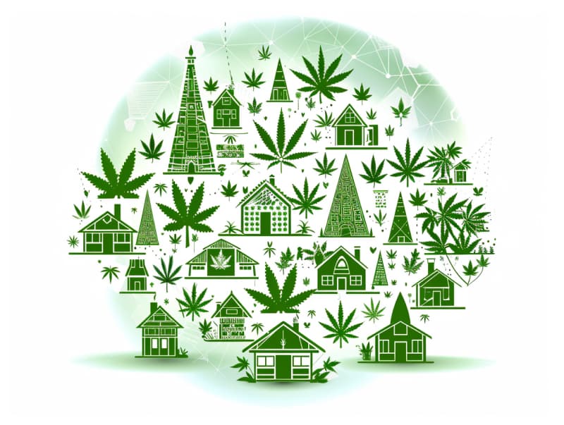 Eine minimalistische, pictografische Darstellung einer Stadt mit Häusern, Menschen und Cannabispflanzen. Es steht für eine Stadt, die dem Cannabisanbau und den Cannabis Social Clubs offen gegenübersteht.
