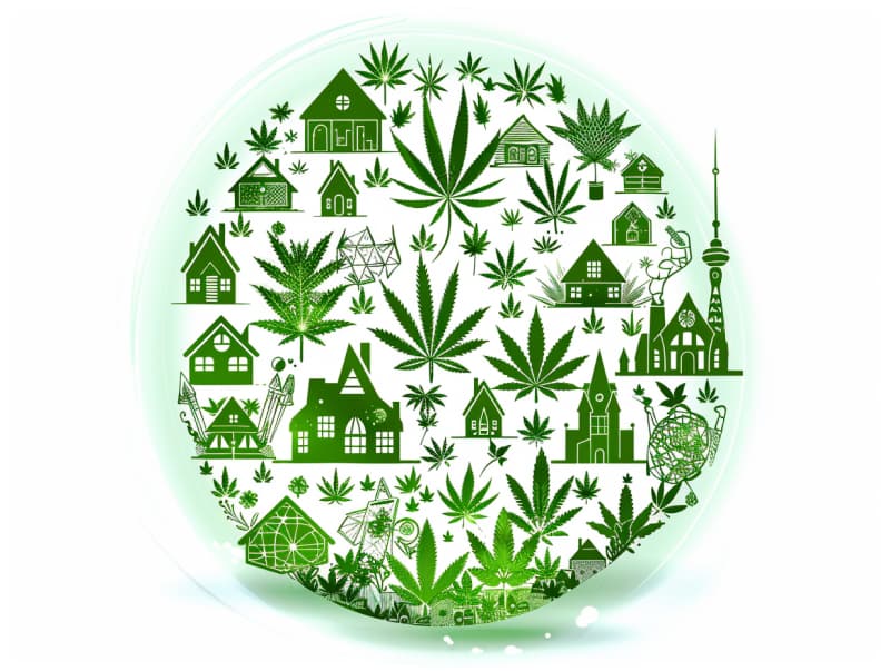 Eine minimalistische, pictografische Darstellung einer Stadt mit Häusern, Menschen und Cannabispflanzen. Es steht für eine Stadt, die dem Cannabisanbau und den Cannabis Social Clubs offen gegenübersteht.