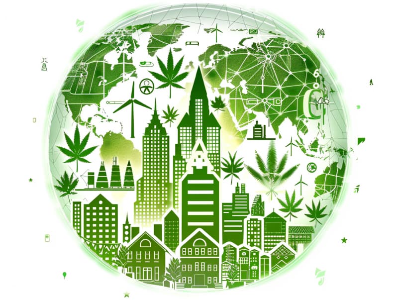 Eine minimalistische, pictografische Darstellung einer Stadt mit Häusern, Menschen und Cannabispflanzen. Es steht für eine Stadt, die dem Cannabisanbau und den Cannabis Social Clubs offen gegenübersteht.