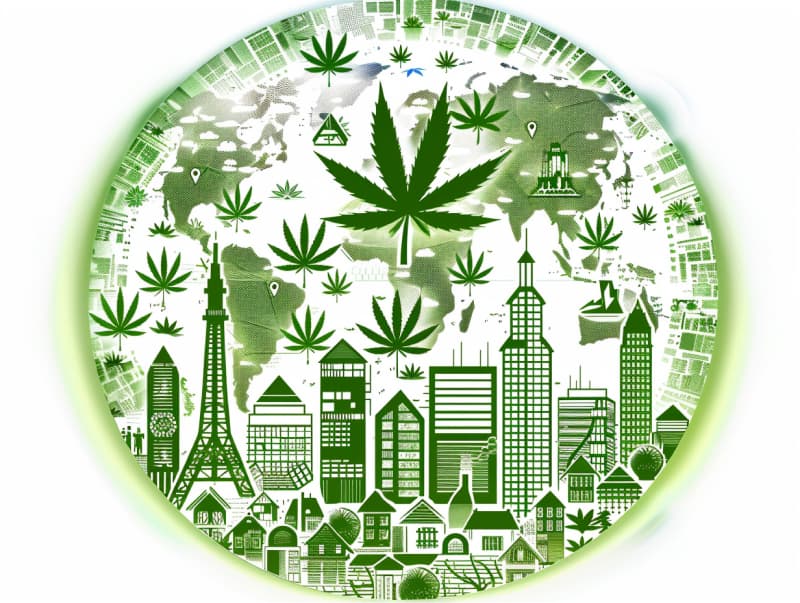 Eine minimalistische, pictografische Darstellung einer Stadt mit Häusern, Menschen und Cannabispflanzen. Es steht für eine Stadt, die dem Cannabisanbau und den Cannabis Social Clubs offen gegenübersteht.