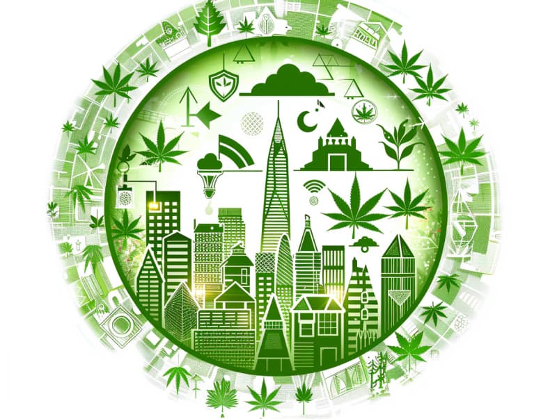 Eine minimalistische, pictografische Darstellung einer Stadt mit Häusern, Menschen und Cannabispflanzen. Es steht für eine Stadt, die dem Cannabisanbau und den Cannabis Social Clubs offen gegenübersteht.