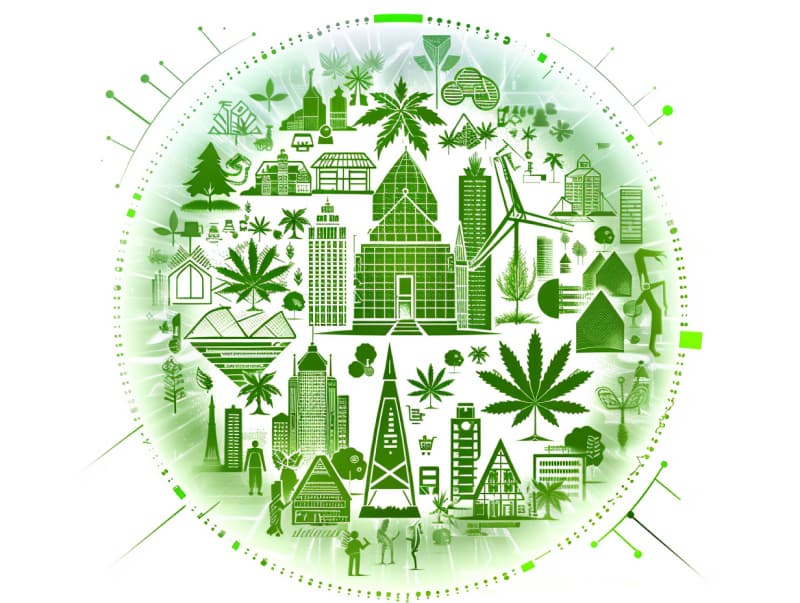 Eine minimalistische, pictografische Darstellung einer Stadt mit Häusern, Menschen und Cannabispflanzen. Es steht für eine Stadt, die dem Cannabisanbau und den Cannabis Social Clubs offen gegenübersteht.