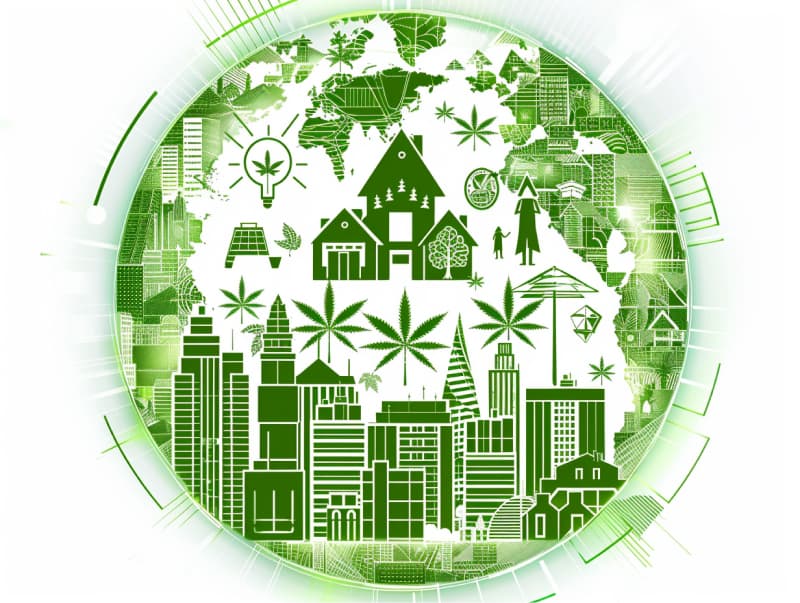 Eine minimalistische, pictografische Darstellung einer Stadt mit Häusern, Menschen und Cannabispflanzen. Es steht für eine Stadt, die dem Cannabisanbau und den Cannabis Social Clubs offen gegenübersteht.