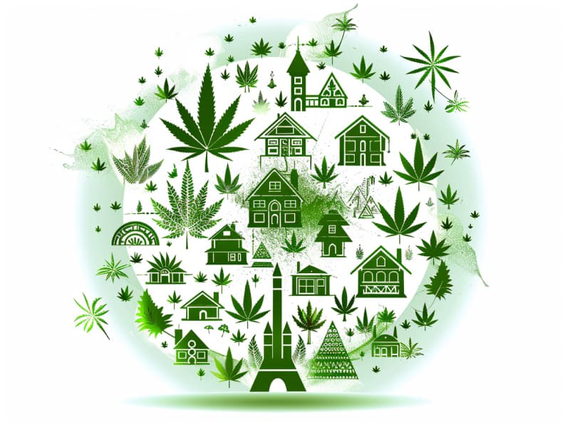 Eine minimalistische, pictografische Darstellung einer Stadt mit Häusern, Menschen und Cannabispflanzen. Es steht für eine Stadt, die dem Cannabisanbau und den Cannabis Social Clubs offen gegenübersteht.