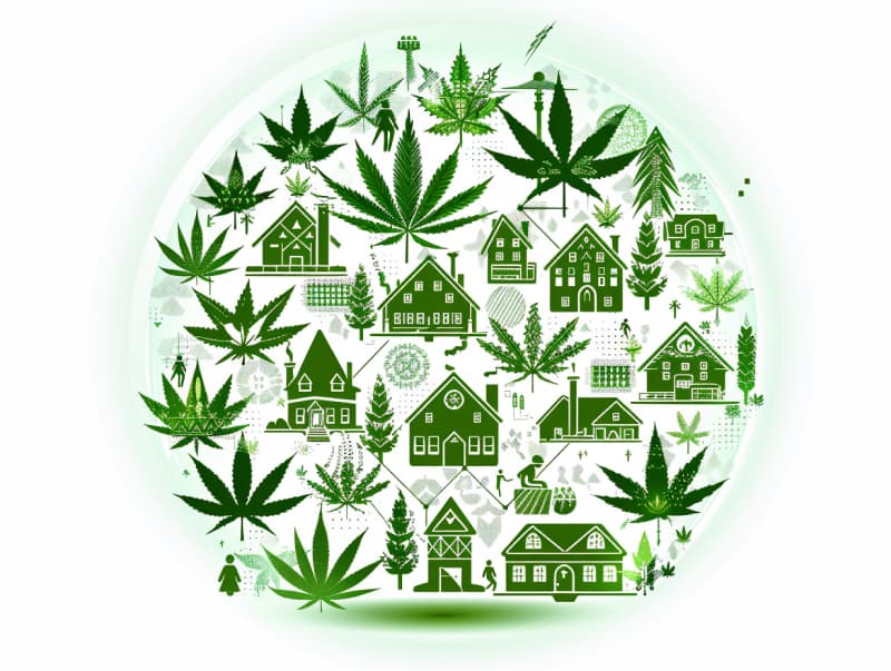 Eine minimalistische, pictografische Darstellung einer Stadt mit Häusern, Menschen und Cannabispflanzen. Es steht für eine Stadt, die dem Cannabisanbau und den Cannabis Social Clubs offen gegenübersteht.