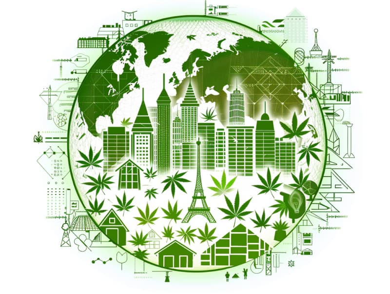 Eine minimalistische, pictografische Darstellung einer Stadt mit Häusern, Menschen und Cannabispflanzen. Es steht für eine Stadt, die dem Cannabisanbau und den Cannabis Social Clubs offen gegenübersteht.