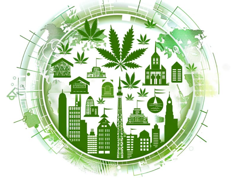 Eine minimalistische, pictografische Darstellung einer Stadt mit Häusern, Menschen und Cannabispflanzen. Es steht für eine Stadt, die dem Cannabisanbau und den Cannabis Social Clubs offen gegenübersteht.