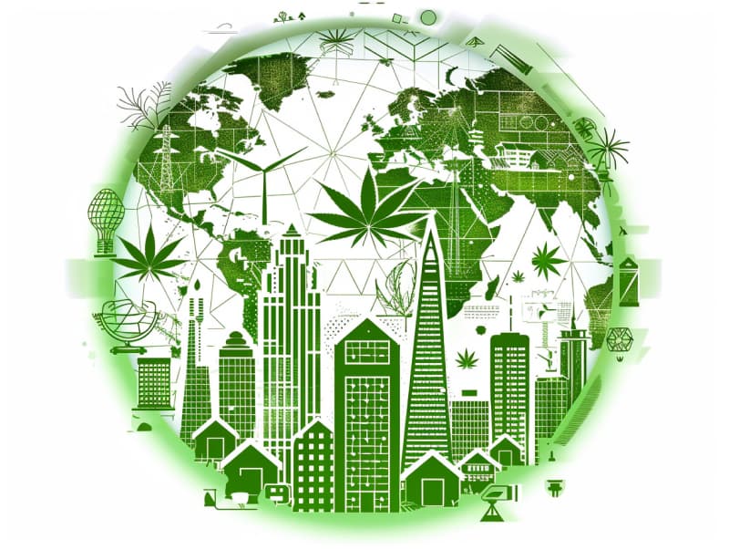 Eine minimalistische, pictografische Darstellung einer Stadt mit Häusern, Menschen und Cannabispflanzen. Es steht für eine Stadt, die dem Cannabisanbau und den Cannabis Social Clubs offen gegenübersteht.