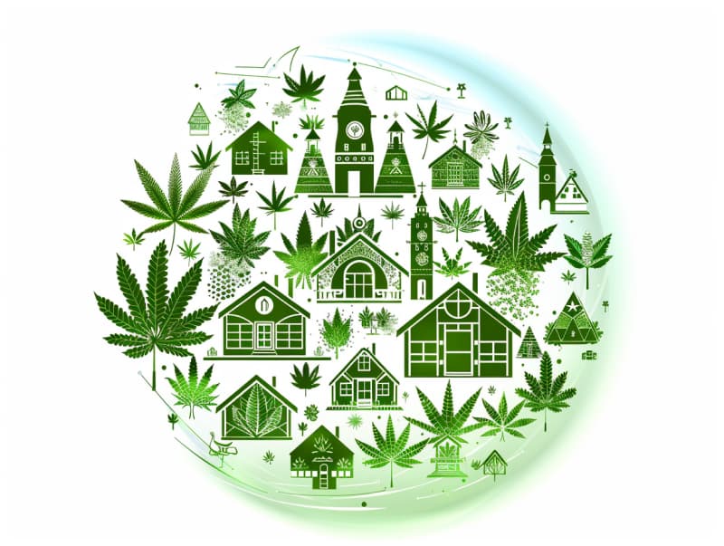 Eine minimalistische, pictografische Darstellung einer Stadt mit Häusern, Menschen und Cannabispflanzen. Es steht für eine Stadt, die dem Cannabisanbau und den Cannabis Social Clubs offen gegenübersteht.