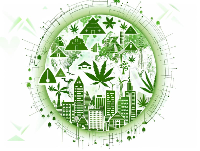 Eine minimalistische, pictografische Darstellung einer Stadt mit Häusern, Menschen und Cannabispflanzen. Es steht für eine Stadt, die dem Cannabisanbau und den Cannabis Social Clubs offen gegenübersteht.