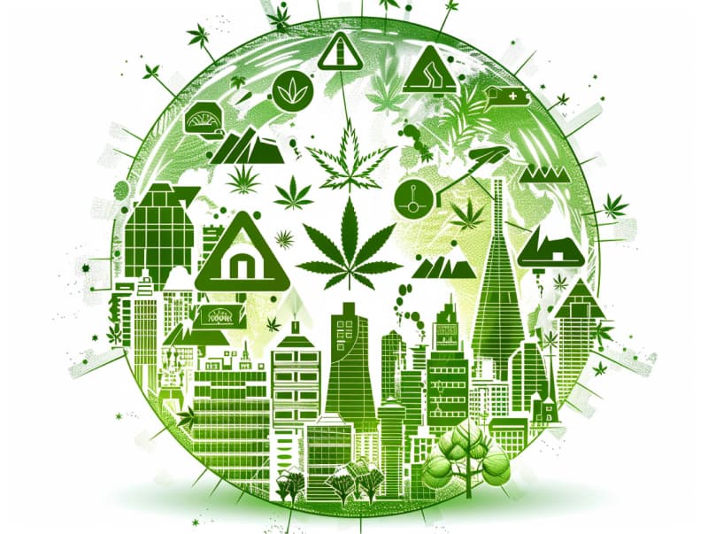 Eine minimalistische, pictografische Darstellung einer Stadt mit Häusern, Menschen und Cannabispflanzen. Es steht für eine Stadt, die dem Cannabisanbau und den Cannabis Social Clubs offen gegenübersteht.