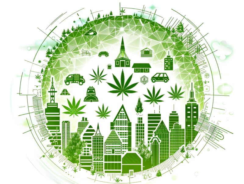 Eine minimalistische, pictografische Darstellung einer Stadt mit Häusern, Menschen und Cannabispflanzen. Es steht für eine Stadt, die dem Cannabisanbau und den Cannabis Social Clubs offen gegenübersteht.