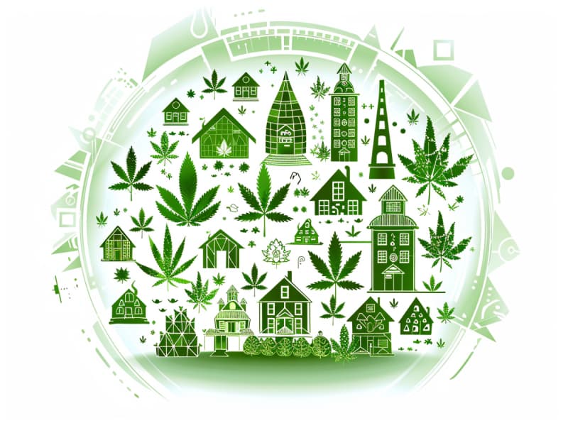Eine minimalistische, pictografische Darstellung einer Stadt mit Häusern, Menschen und Cannabispflanzen. Es steht für eine Stadt, die dem Cannabisanbau und den Cannabis Social Clubs offen gegenübersteht.