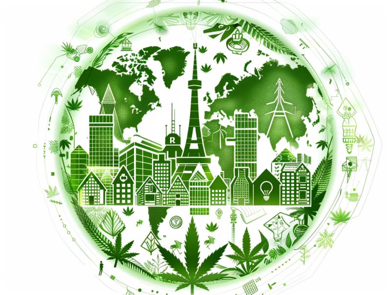 Eine minimalistische, pictografische Darstellung einer Stadt mit Häusern, Menschen und Cannabispflanzen. Es steht für eine Stadt, die dem Cannabisanbau und den Cannabis Social Clubs offen gegenübersteht.