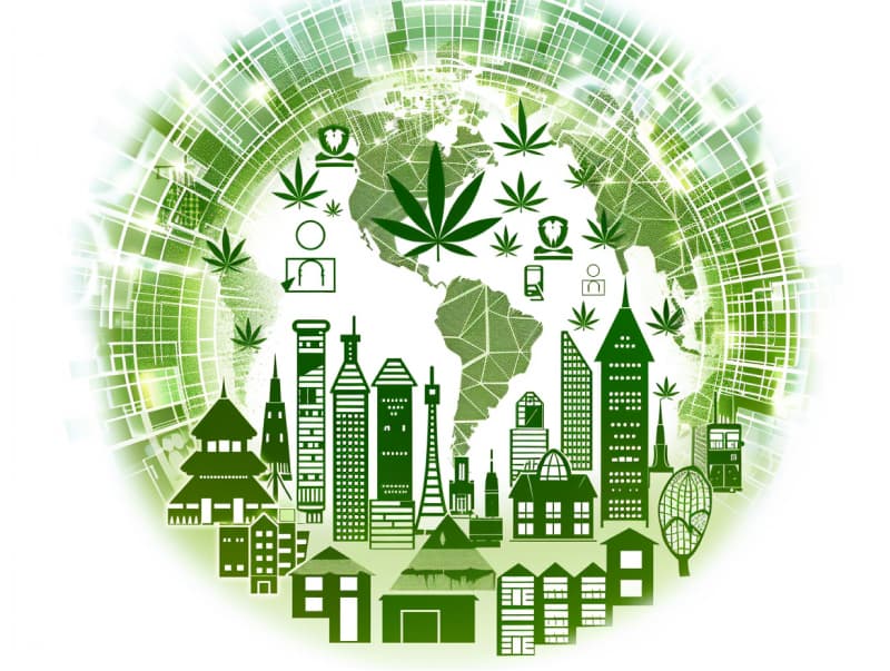 Eine minimalistische, pictografische Darstellung einer Stadt mit Häusern, Menschen und Cannabispflanzen. Es steht für eine Stadt, die dem Cannabisanbau und den Cannabis Social Clubs offen gegenübersteht.